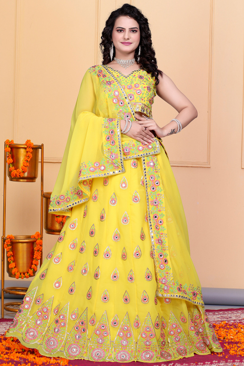 Yellow Georgette Embroidered Panelled Style Lehenga 