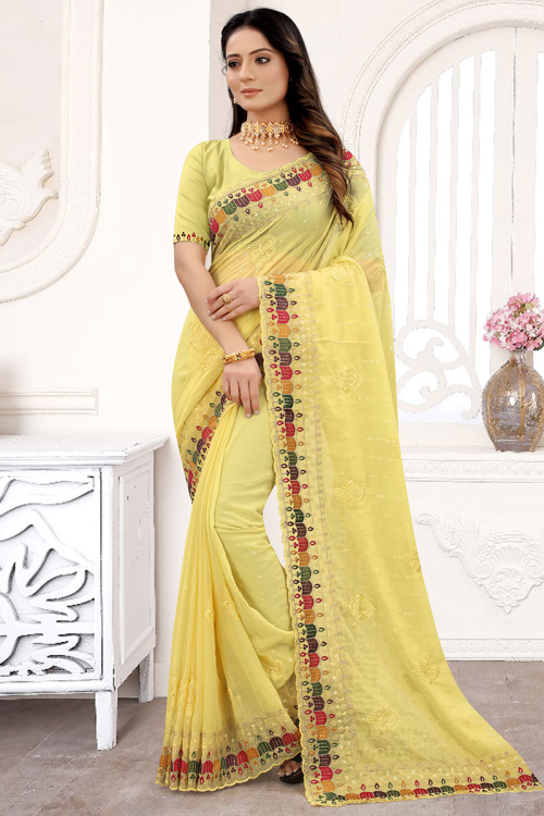 Lemon Yellow Georgette Embroidered Sequin Saree