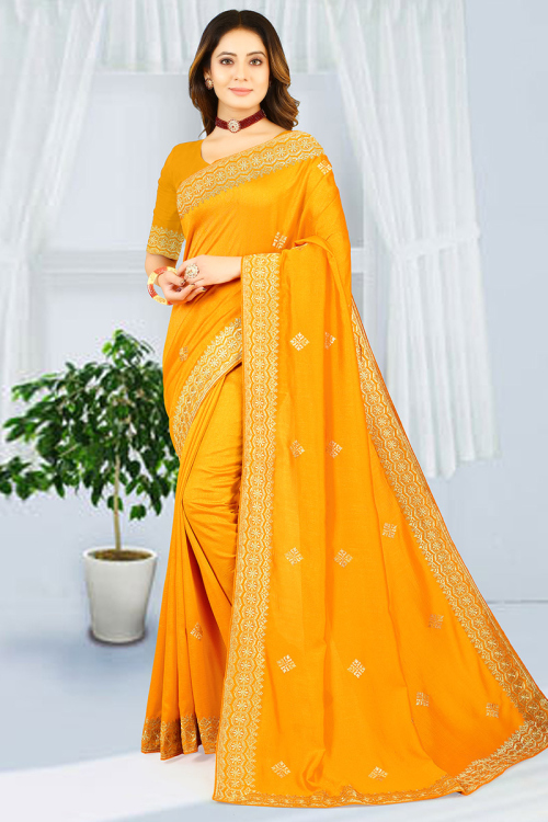 Golden Yellow Georgette Zari Embroidered Saree