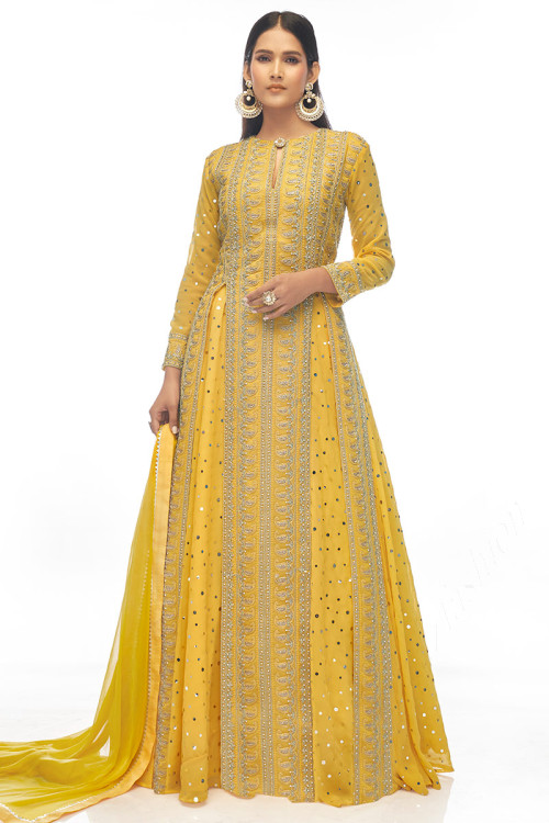 Yellow Georgette Faux Mirror Embroidered Lehenga