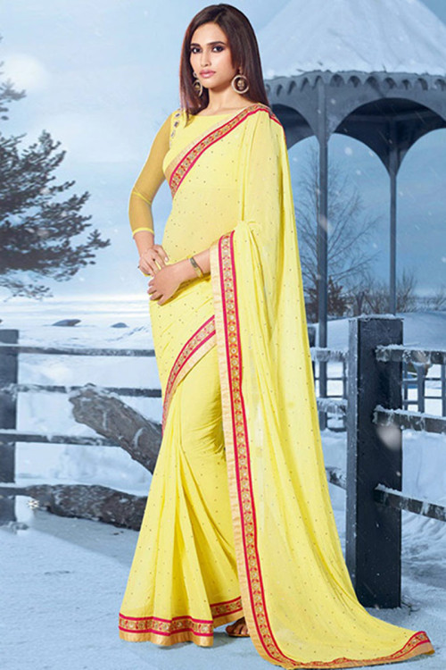 Yellow Georgette Indian Saree With Net Blouse