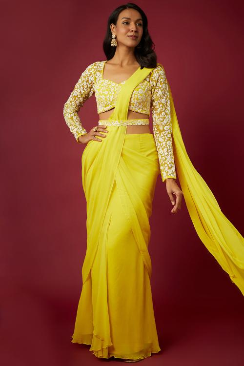 Yellow Georgette Indo-Western Saree with Stone Work for Diwali