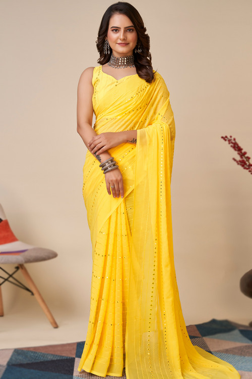 Yellow Georgette Sequins Embroidered Light Weight Saree