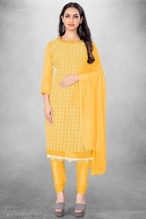 Yellow Georgette Straight Cut Churidar Suit