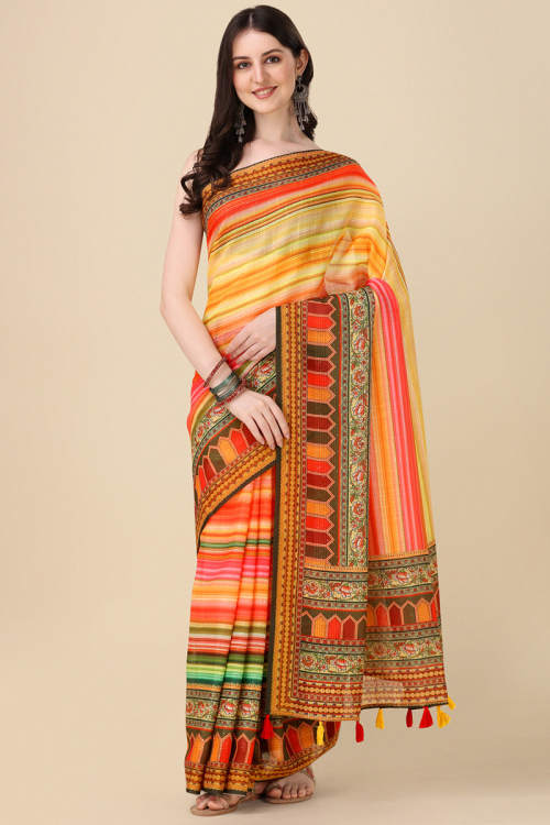 Yellow Linen Printed Casual Wear Saree