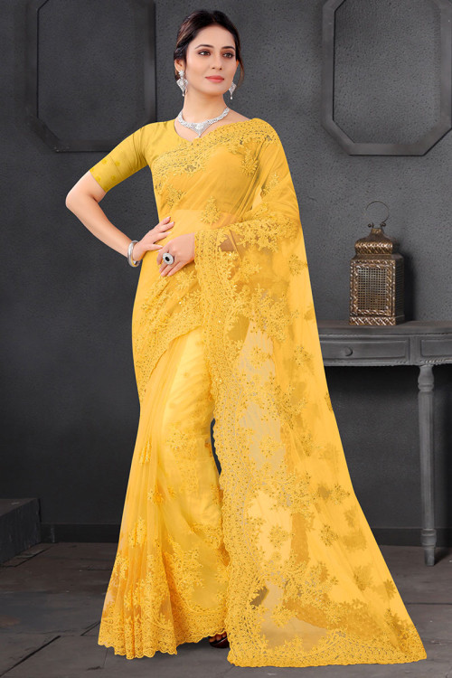 Yellow Net Embroidered Party Waer Saree