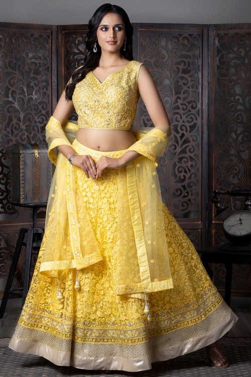 Yellow Net Ready Made Lehenga With Zari Work For Haldi