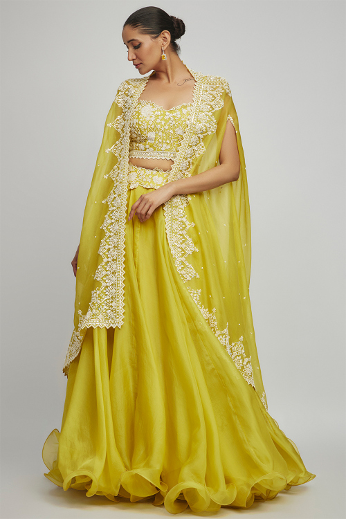 Yellow Organza A-Line Jacket Style Lehenga For Haldi