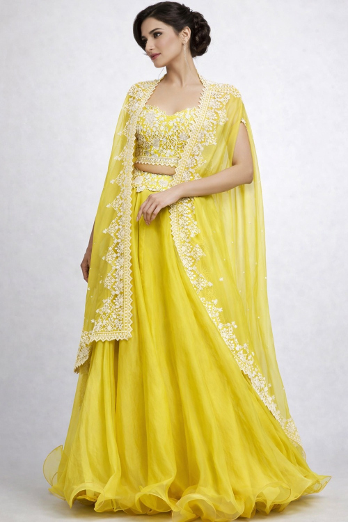 Yellow Organza A-Line Jacket Style Lehenga For Haldi