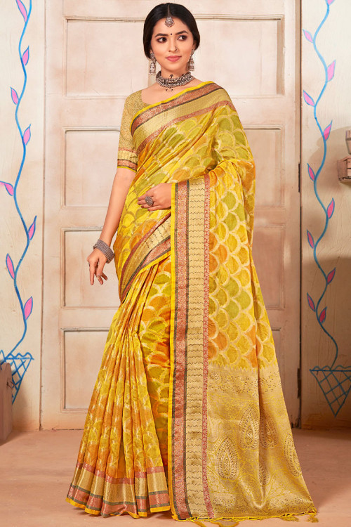 Printed Poly Georgette Yellow Gorgette Saree, 6.3 Meter (With Blouse Piece)  at Rs 980 in Surat