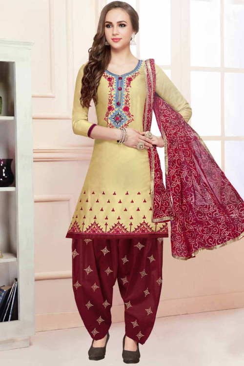 Lovely Yellow Cotton Patiala Suits With Resham Work