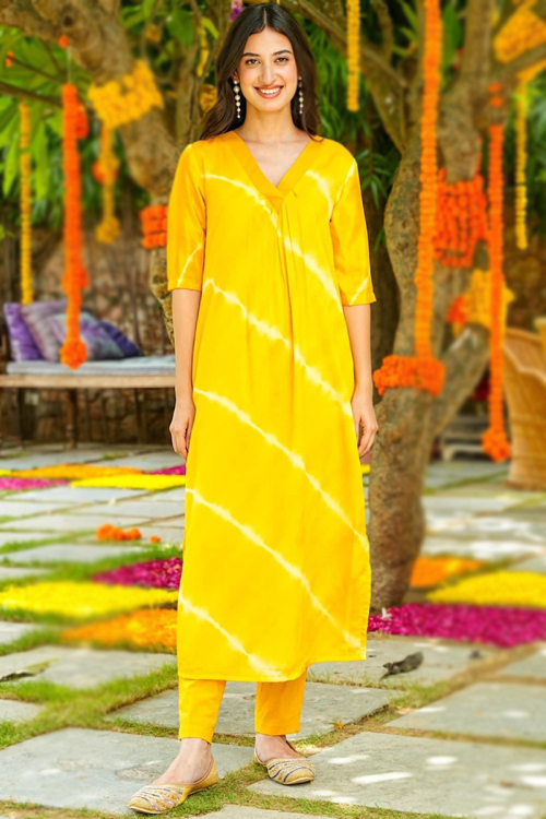 Yellow Printed Casual Wear Cotton Muslin Trouser Suit