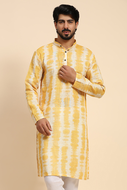 Yellow Printed Linen Straight Cut Men's Kurta 