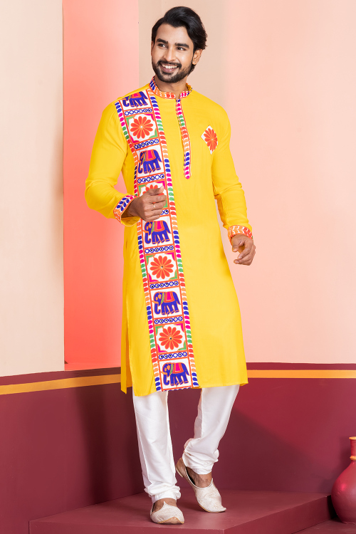 Yellow Rayon Embroidered Men's Kurta Churidar for Navratri