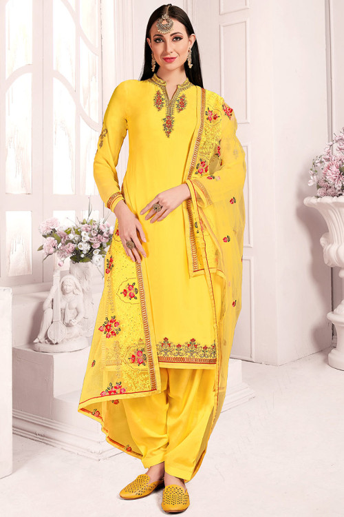 Yellow Satin Patiala Suit With Resham Work