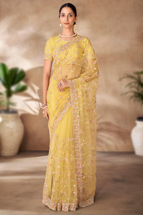 Yellow sequins Embroidered Light Weight Net Saree 