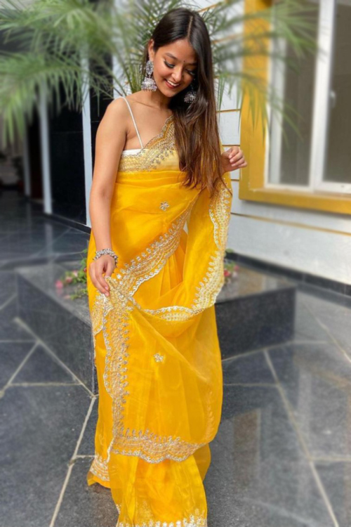 Yellow Sequins Embroidered Organza Lightweight Saree For Haldi 