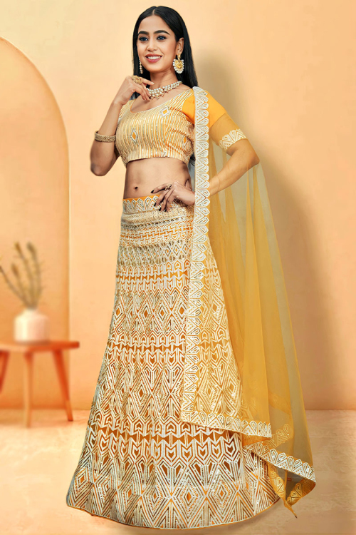 Yellow Sequins Embroidered Panelled Style Lehenga For Haldi 