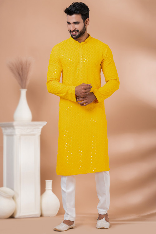 Yellow Sequins Embroidered Rayon Men's Kurta Pajama For Haldi 