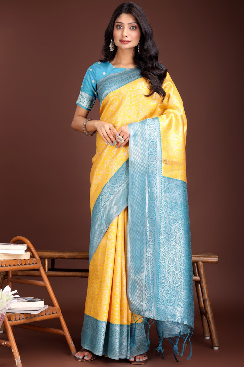 Yellow Silk Blend Saree with Zari Work for Diwali