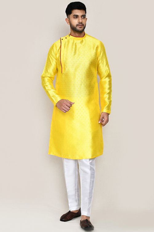 Yellow Silk blend Weaved Angrakha Style Men's Kurta Pajama