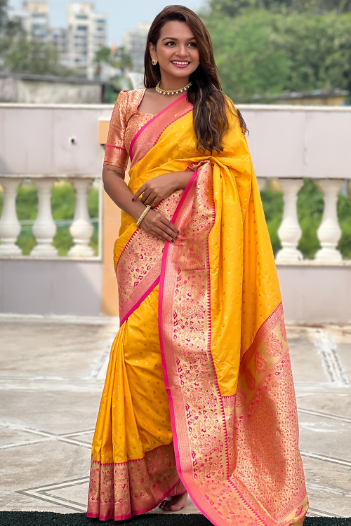 Yellow Silk Blend Weaved Thread Broad Border Saree