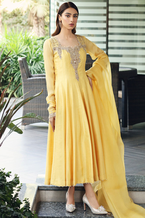 Yellow Silk Embroidered Anarkali Suit