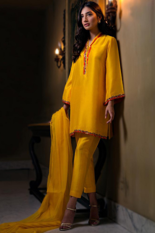 Yellow Silk Embroidered Party Wear Trouser Suit