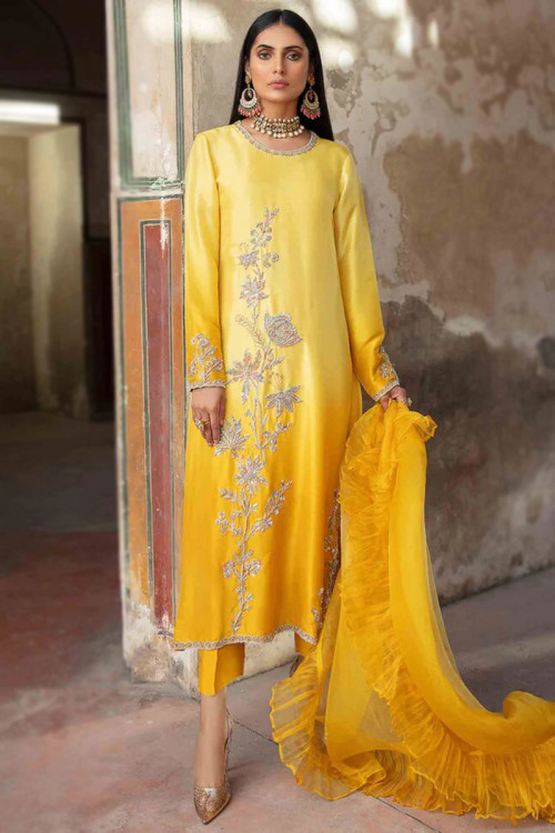 Yellow Silk Embroidered Trouser Suit