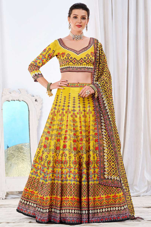 Yellow Silk Festive Wear Printed Lehenga