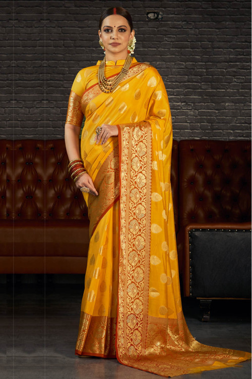 Yellow Silk Indian Wedding Wear Saree