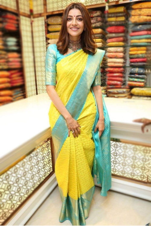 Yellow Silk Woven Zari Handloom Saree With Blue Border