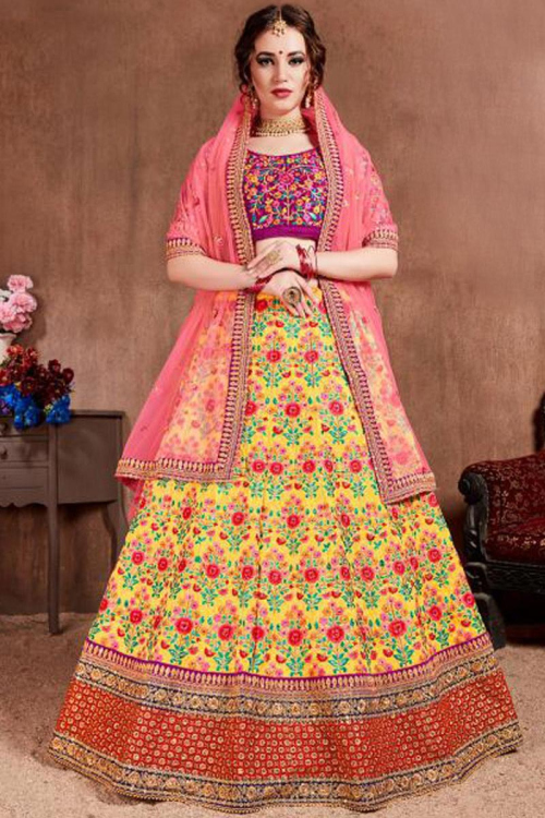 Yellow Soft Silk Embroidered Lehenga