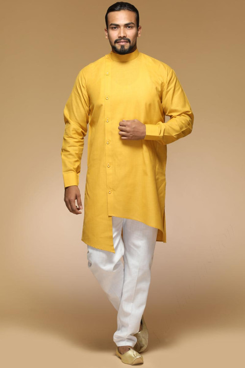 Yellow Solid Designer Men's Kurta Pajama for Eid Festival