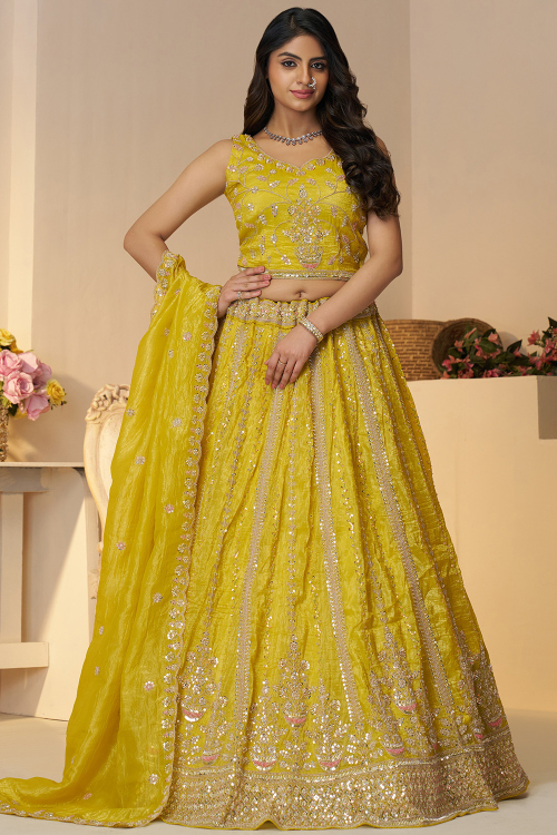 Yellow Tissue Silk Dori Embroidered Flared Style Lehenga