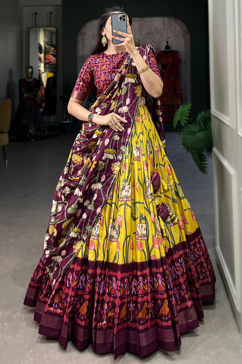 Yellow Tussar Silk Lehenga With Printed Work For DiwalI