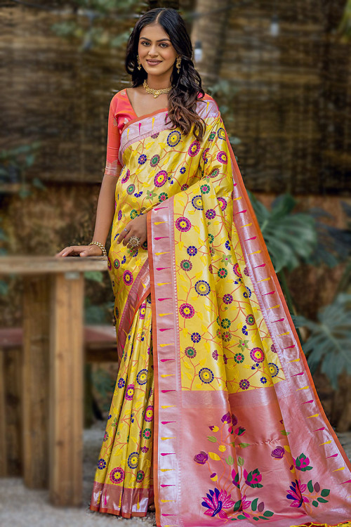 Yellow Weaved Zari Paithani Silk Traditional Saree For Haldi