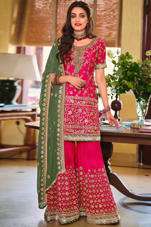 Cerise Pink Georgette Zari Embroidery Sharara Salwar Suit for Party Wear