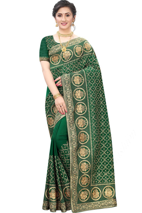 Dark Green Soft Silk Saree With Embroidered Lace border