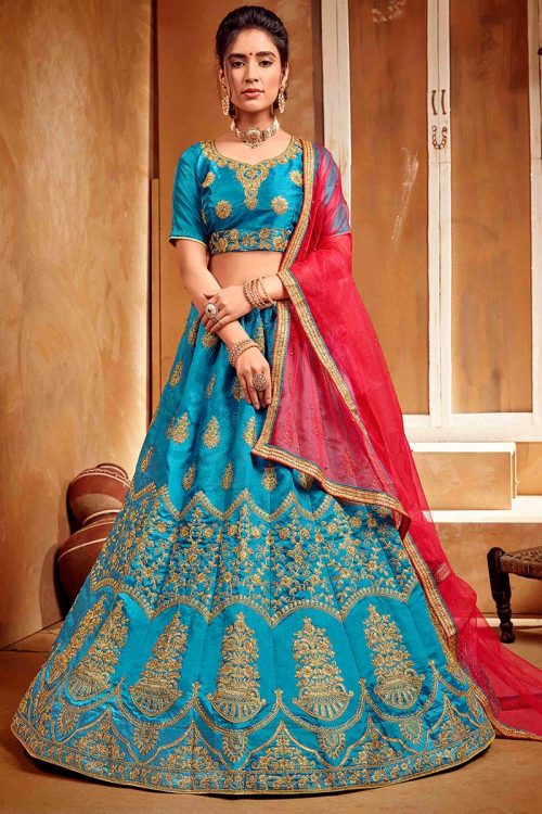 Blue A Line Wedding Wear Lehenga in Art Silk