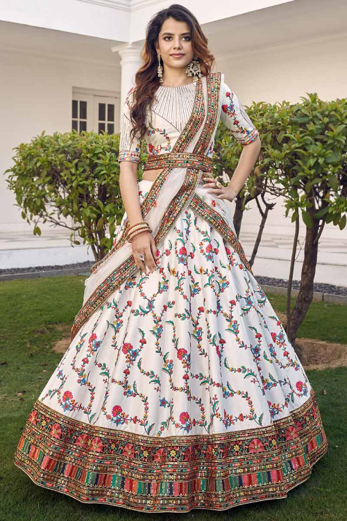 Zari Embroidered Art Silk Embroidered White Lehenga