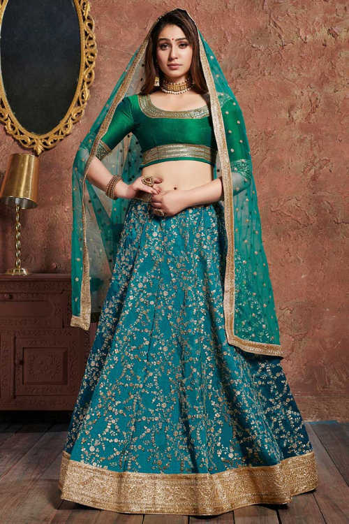 Zari Embroidered Art Silk Teal Blue Lehenga