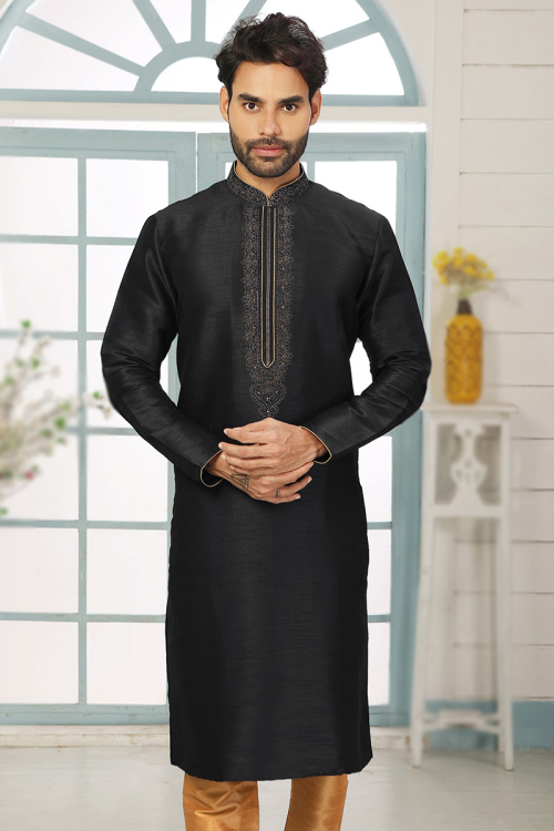 Zari Embroidered Black Dupion Silk Straight Cut Men's Kurta