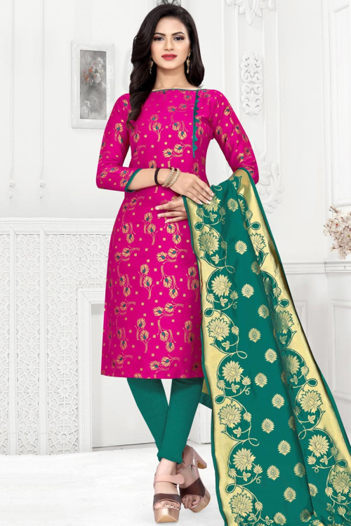 Woven Zari Embroidered Brocade Magenta Pink Churidar Suit