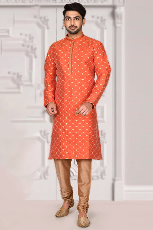 Zari Embroidered Brocade Orange Men Kurta Pajama
