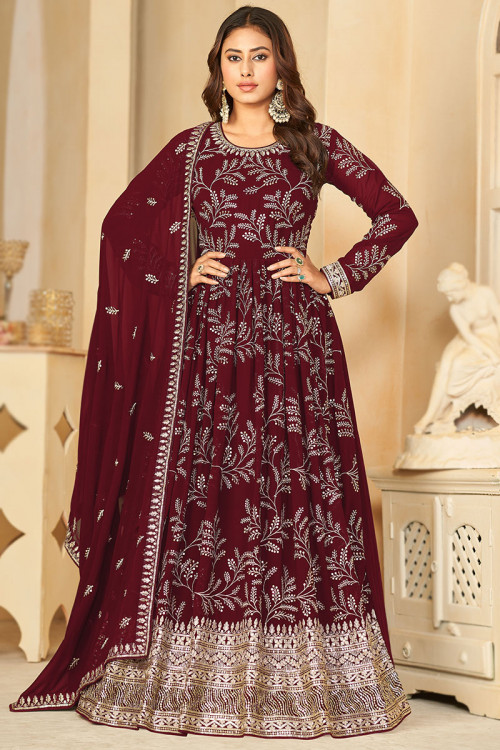 Zari Embroidered Cherry Red Georgette A Line Anarkali Suit