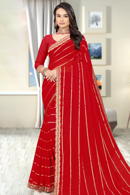 Zari Embroidered Cherry Red Georgette Light Weight Saree