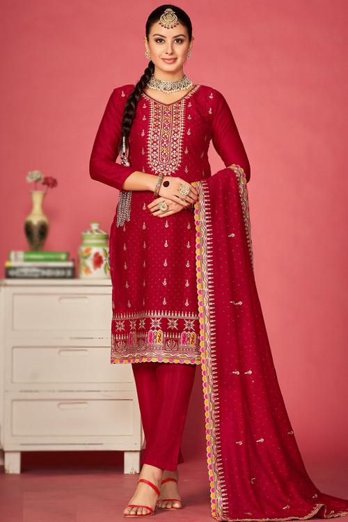 Zari Embroidered Cherry Red Silk Straight Cut Trouser Suit