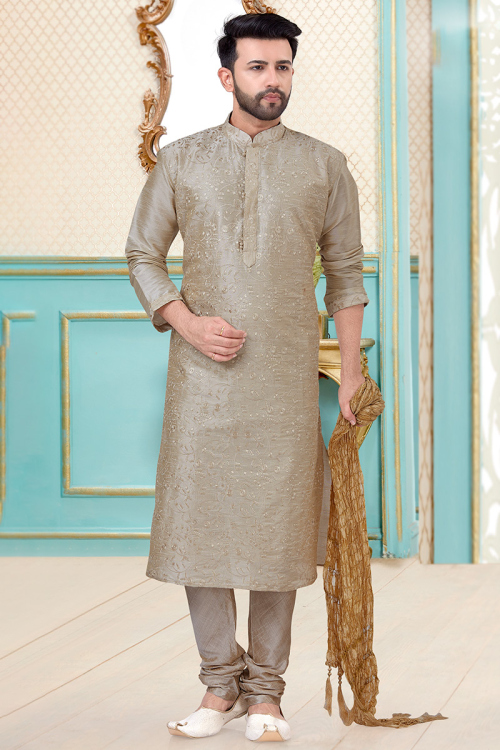 Zari Embroidered Chikko Brown Dupion Silk Eid Men's Kurta Pajama 