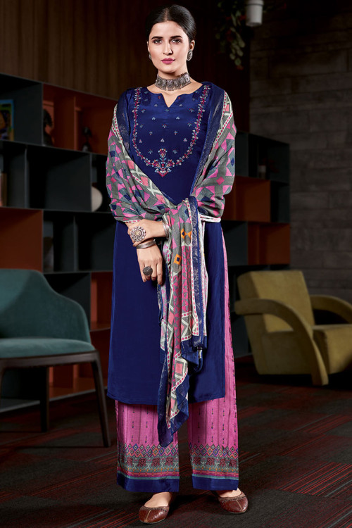 Zari Embroidered Crepe Royal Blue Trouser Suit